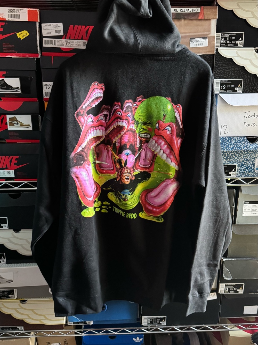 Graphic Hoodie - Black with Neon Pink & Green Print trippy redd